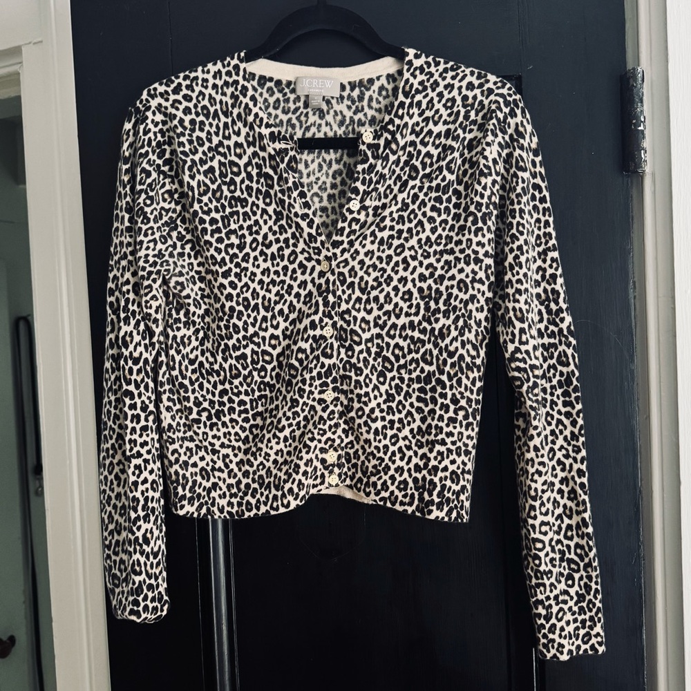 J. Crew cashmere Black and Cream Animal Print Blouse
